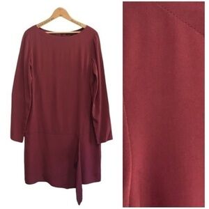 Tibi Maroon Burgundy Red Wine Silk Long Sleeve Draped Shift Dress